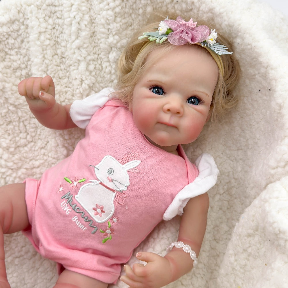 Reborn Baby Doll 16-Inch Cloth Body with Rooted Blonde Hair, Open Eyes, Pink Romper and Pacifier Set — image 7