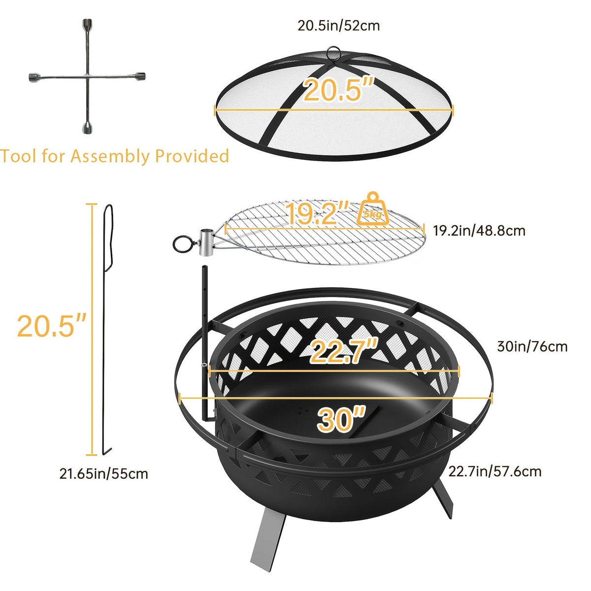 30-Inch Steel Wood-Burning Fire Pit with Grill Grate, Mesh Spark Screen, Poker and Diamond-Cut Bowl Design — image 5