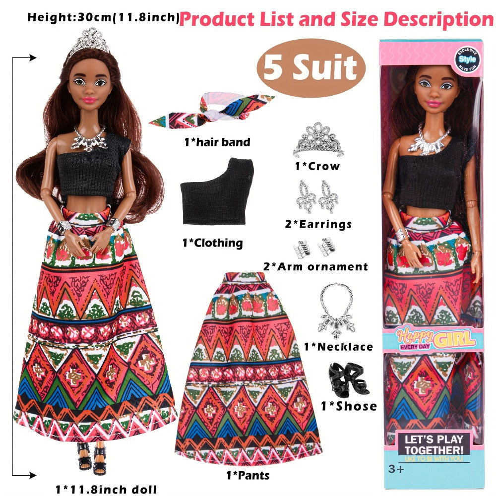 Six-Piece 11.5-Inch Fashion Doll Set with Curly-Hair Styles, Bohemian Outfits, Headbands and Jewelry — image 7