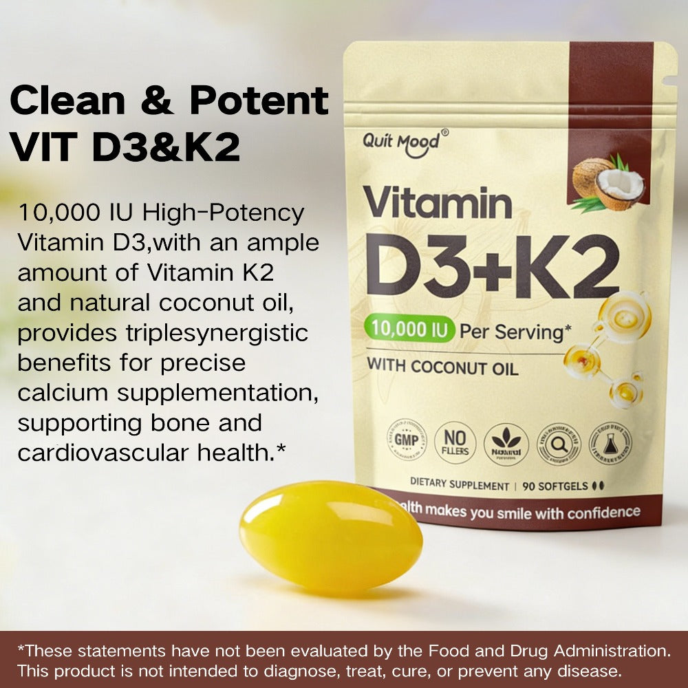 Vitamin D3 10000 IU + K2 MK-7 200mcg Softgels 90 Count with Extra Virgin Coconut Oil for Bath Time, Home Spa and Personal Car