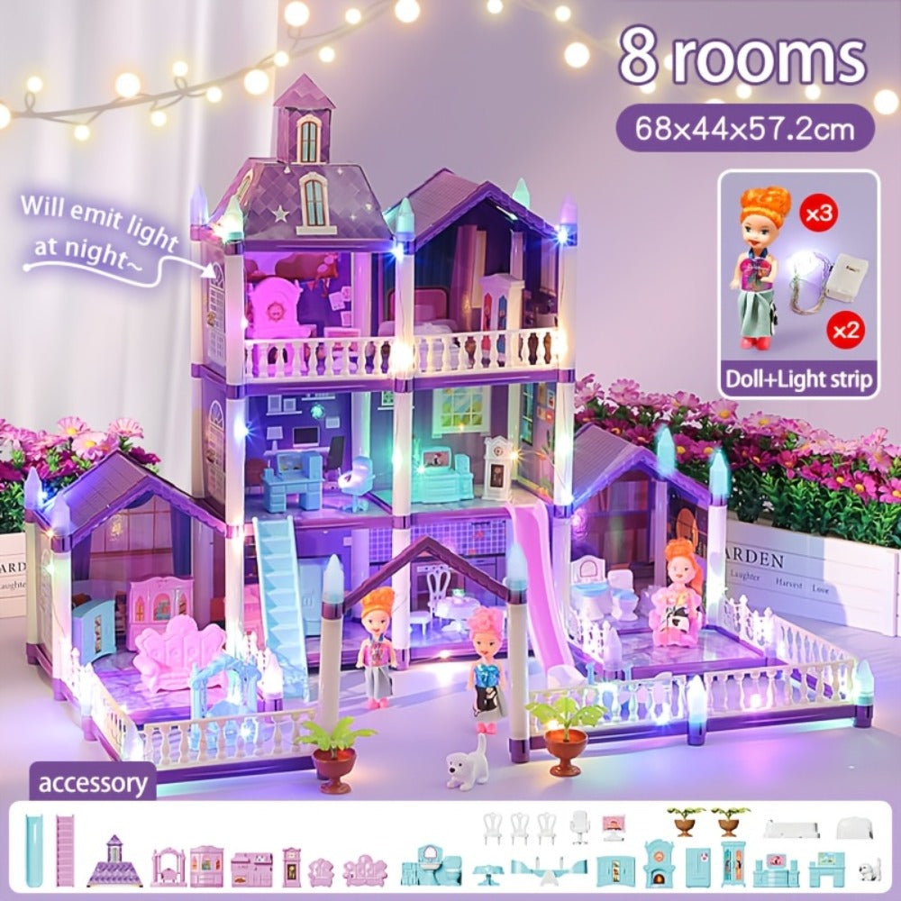 LED Dollhouse Playset for Girls, Purple Multi-Room Playhouse with Doll Figures, Puppies, Furniture & LED Lighting — image 5