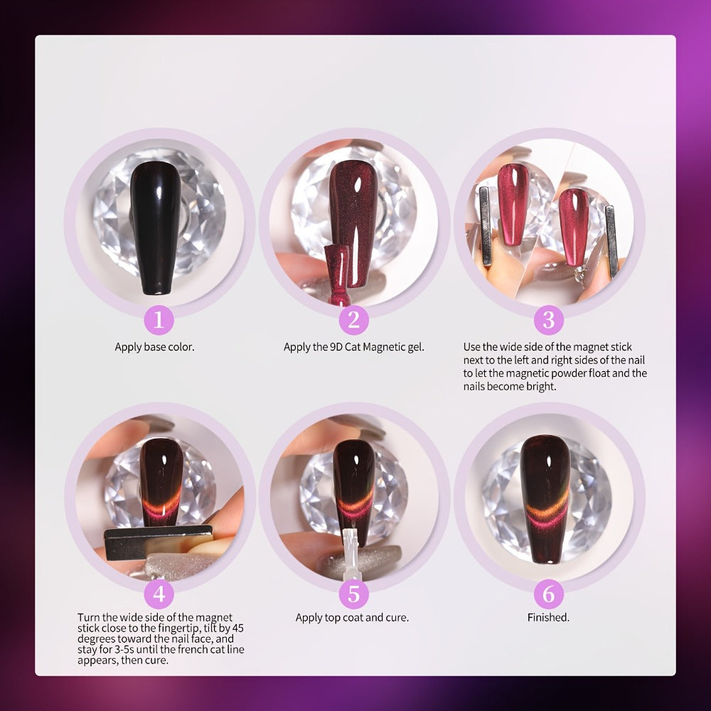 Gel Nail Polish 8-Piece Aurora Magnetic Cat-Eye Set with Black-Crystal Glitter and 3D Light-Shifting Finish for UV/LED Cure —