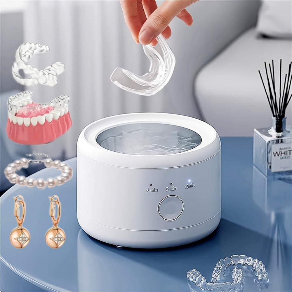 Electric Ultrasonic Cleaner Machine for Dentures Jewelry & Glasses – USB Rechargeable 3 Speeds Auto Timer 180ml Tank One-Touc