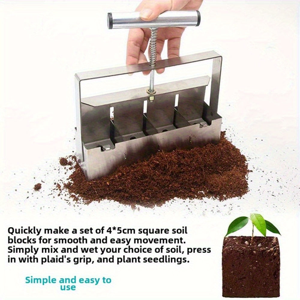 Garden Clod Breaker & Soil Blocker Tool – Heavy Duty Metal Multi-Cell Soil Block Maker with Adjustable Handle for Seed Starti