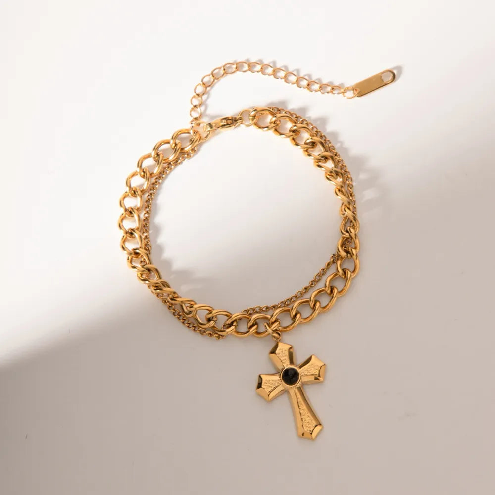 Stainless Steel Imitation Gemstone Cross Shape Pendant Bracelet - V.I.P Digital Presence