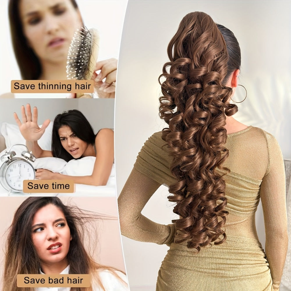 Curly Ponytail Extension 28 Inch Long Heat Resistant Synthetic Clip In Wrap Around Hairpiece Voluminous Bouncy Curls 4 Styles