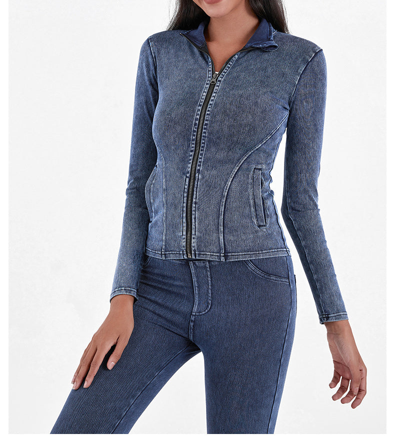 Slim Zippered Yoga Denim Jacket With Pockets High Collar Sports Fitness Outerwear Tops Coat For Women Clothing