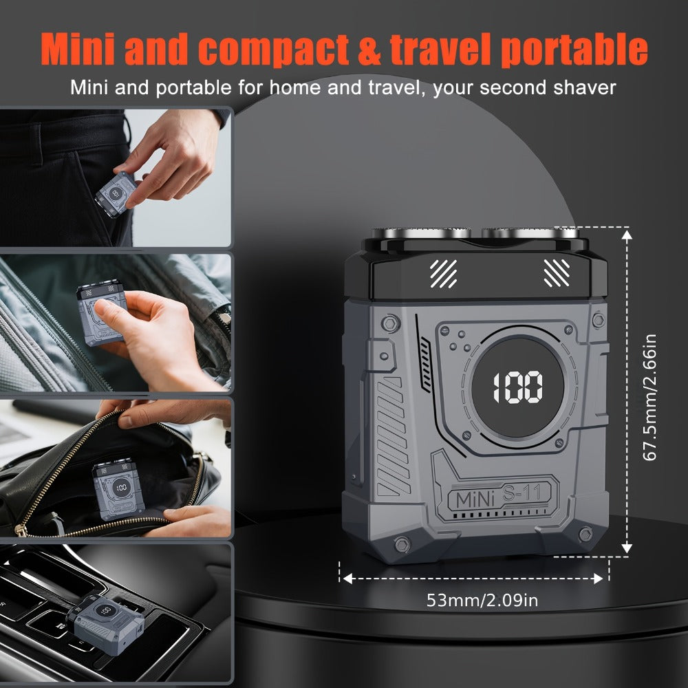Compact Mecha-Green Dual-Rotary Electric Shaver with Front Battery Display and USB Cable Pictured — image 5