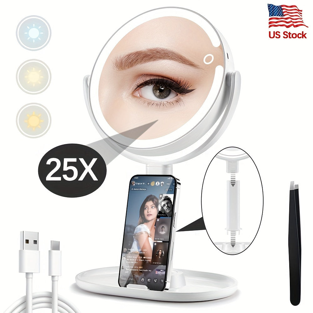 Makeup Mirror with Lights, 8-Inch Dual-Sided 1X and 25X with 80 LEDs, Three Light Colors, Touch Control and USB-C Charging — 