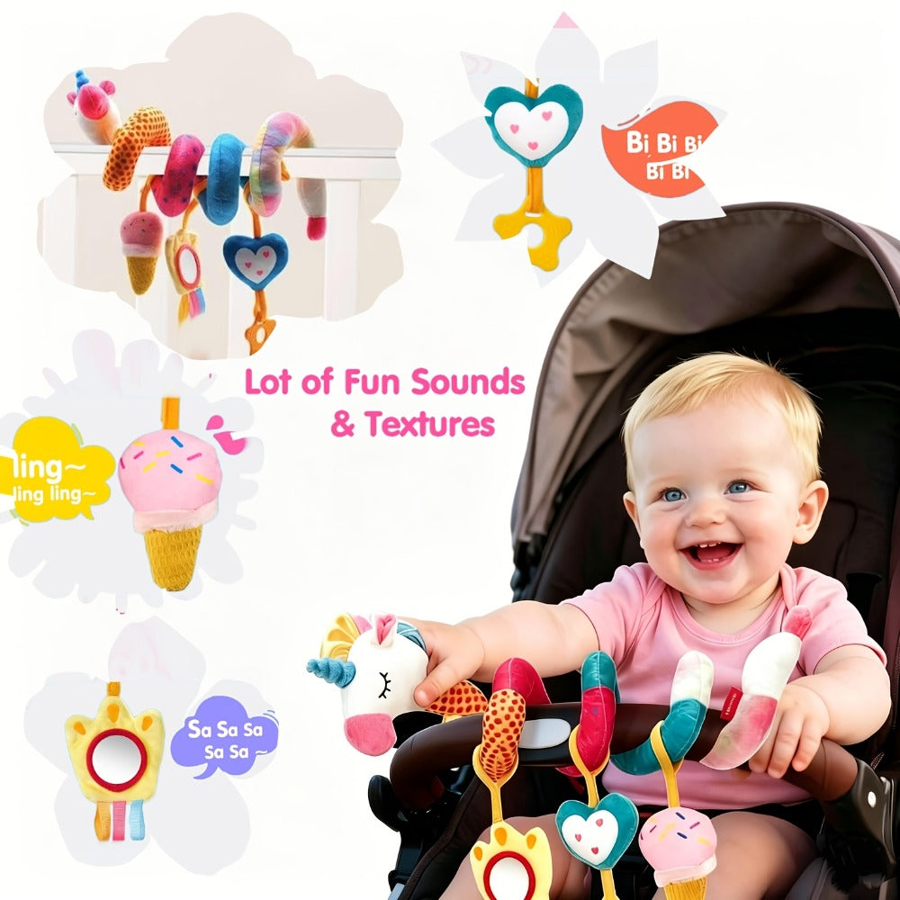 Baby Car Seat Toys 0-6 Months, Unicorn Rattle Mirror Crinkle Squeaky Stroller Toy Set for Infant Girls — image 4
