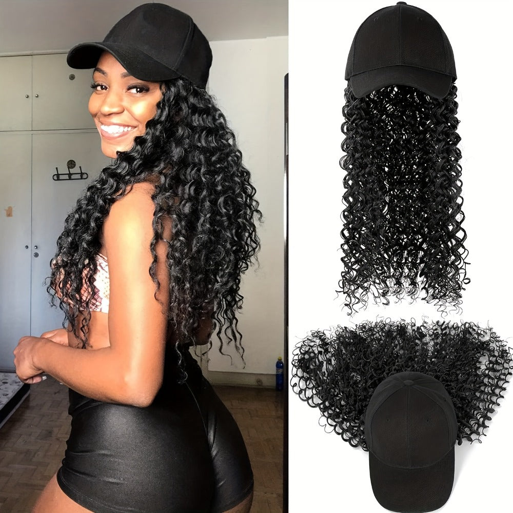 Afro Kinky Curly Baseball Cap Wig for Women 18 Inch Hat and Wig Combo Adjustable Elastic Net Long Synthetic Curly Hair Multi-
