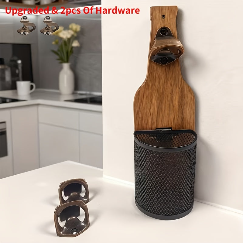 Wooden Bottle Opener Wall Mounted with Metal Cap Catcher – Handcrafted Rustic Beer Opener, Freestanding or Wall Mount, Holida