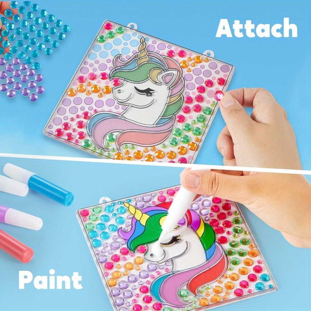 Suncatcher Painting Kit 4pcs for Kids, 2-in-1 Window Art with Gem Stickers & Paint Pens, Butterfly Unicorn Rainbow Sun Design