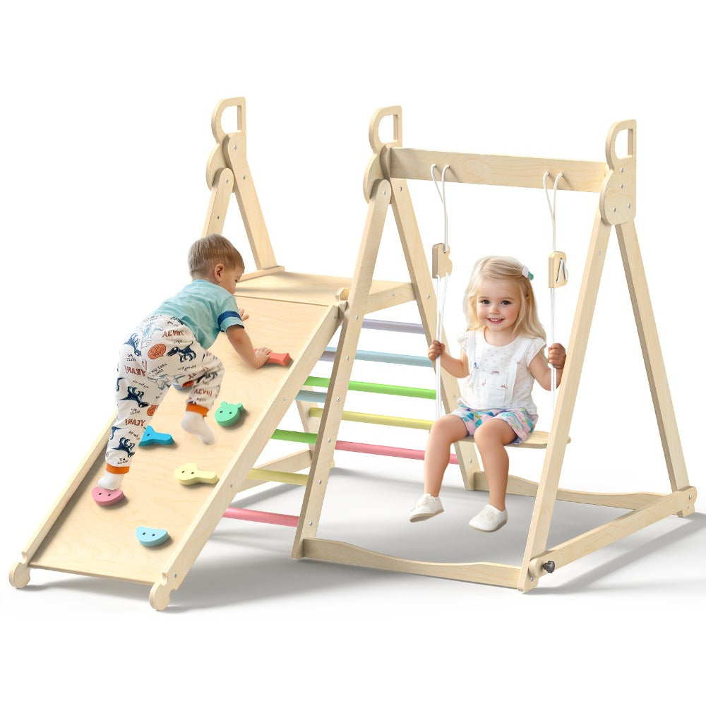 Foldable Indoor Wooden Jungle Gym for Toddlers, 4-in-1 Climbing Frame with Swing, Slide & Ladder — image 4