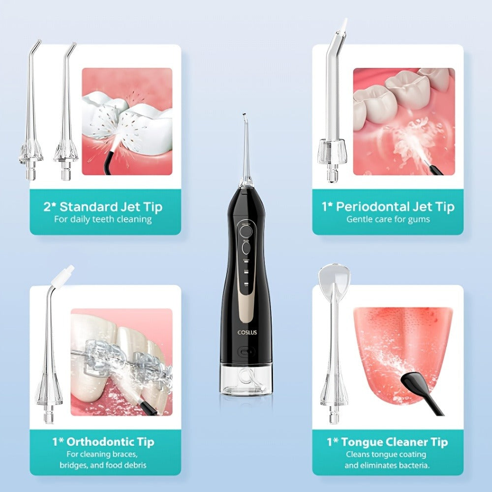 Water Flosser COSLUS CX20 Cordless Oral Irrigator with 300ml Detachable Tank, Five Tips, Rotating Nozzle and Gold Accents — i