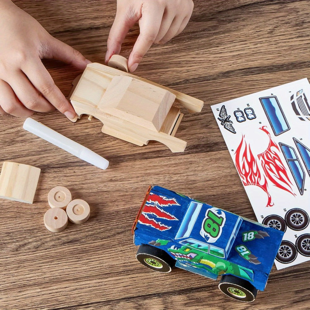 Build and Paint Wooden Vehicle Kit for Kids 144 Pieces, Race Car Motorcycle Monster Truck, 12 Colors 3 Brushes Racing Decals 