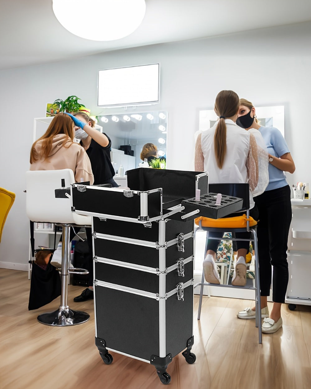 Rolling Makeup Train Case 4-in-1 Black Cosmetic Trolley with 360° Swivel Wheels & Makeup Sponges Set – Large Professional Sal