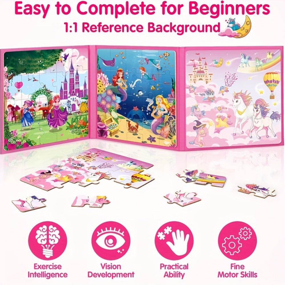 Magnetic Puzzle Book for Girls 3 4 5 6, 3-in-1 Unicorn Mermaid Princess Travel Puzzles, 20 Pieces Folding Magnetic Jigsaw for
