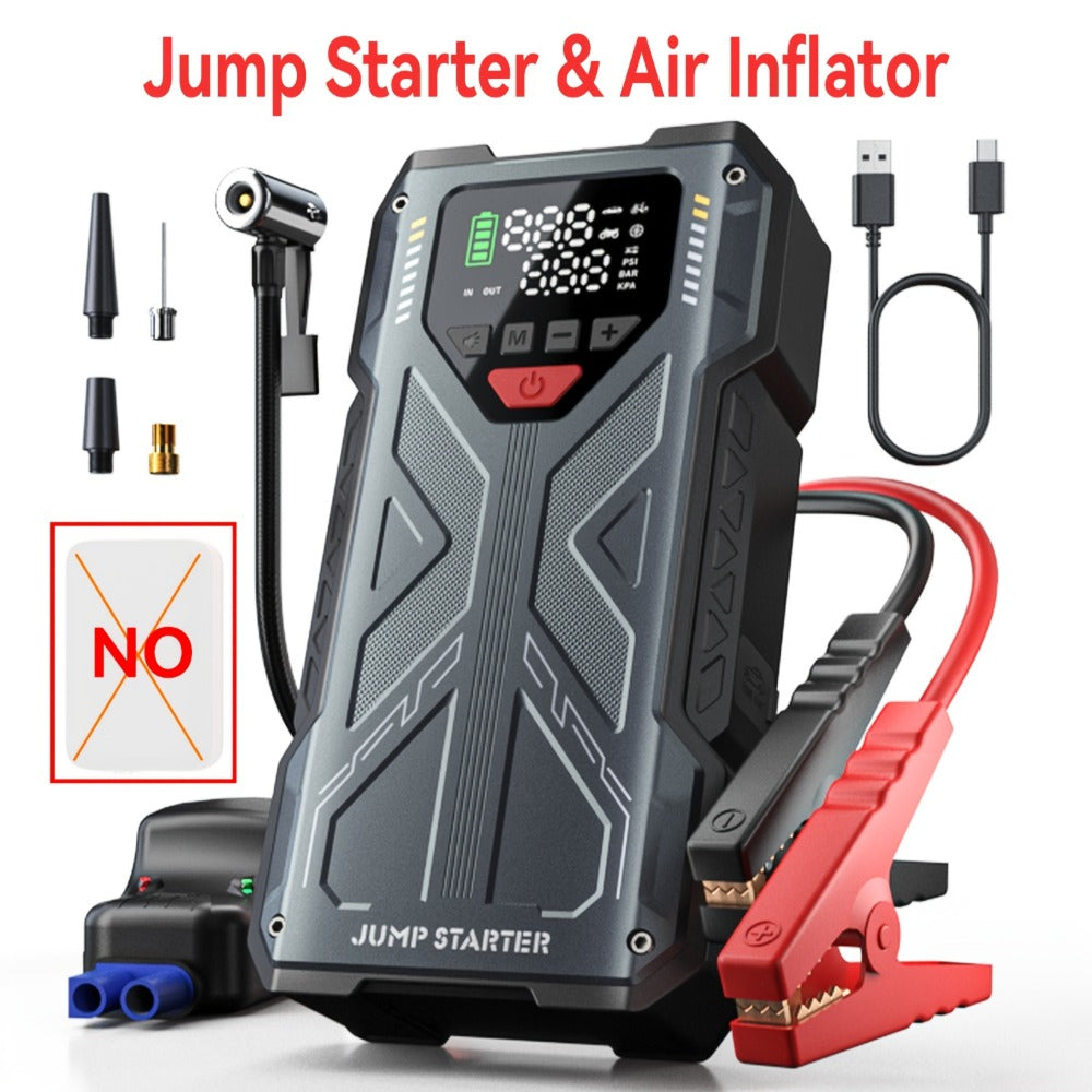 Portable Jump Starter 9-in-1 with Air Compressor – 12V Car Battery Booster for 8.0L Gas & 6.5L Diesel, USB-C, LED Emergency L