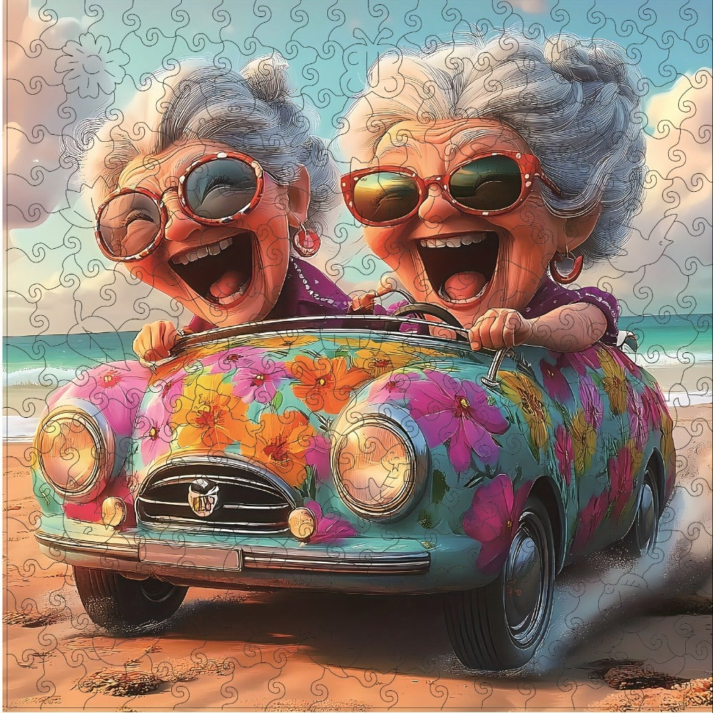 Happy Old Lady Wooden Jigsaw Puzzle with Irregular Pieces and 5.7 or 11.2 Inch Checkout Size Options — image 1