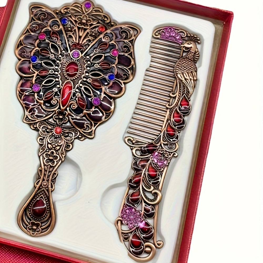 Vintage Peacock Hair Comb and Mirror Set 2 Pcs – Fine-Tooth Stainless Steel Decorative Butterfly Flower Portable Handheld Mir
