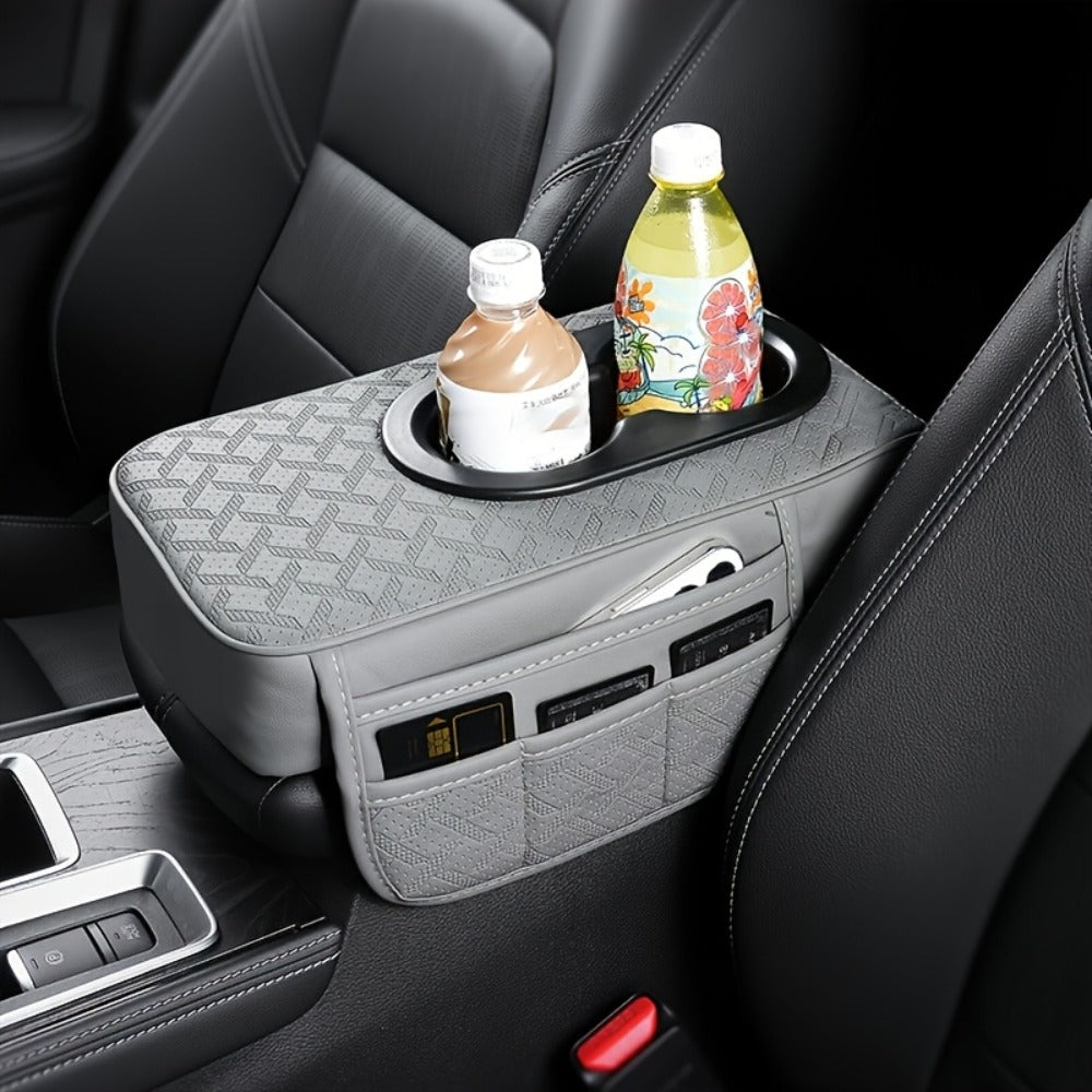 Car Center Console Cover PU Leather – Universal Armrest Box Mat with 2 Cup Holders & 2 Side Pockets, Phone & Card Storage — i