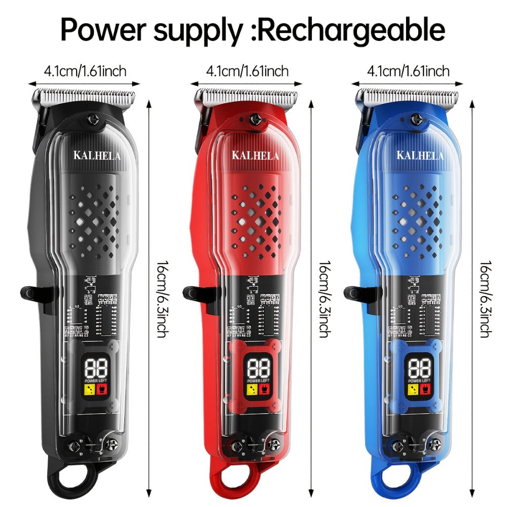Transparent Electric Hair Clipper with Digital Display, Four Guide Combs, Grooming Tools and Red, Black or Blue Finish — imag