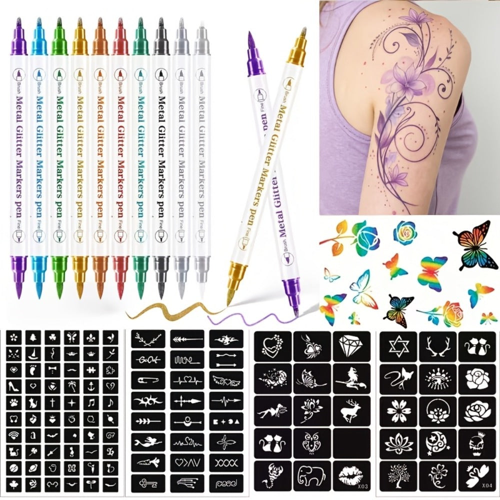 Double-Ended Tattoo Pen Set 10 Pcs with 114 Templates & Butterfly Stickers, Waterproof Sweat-Resistant DIY — image 1