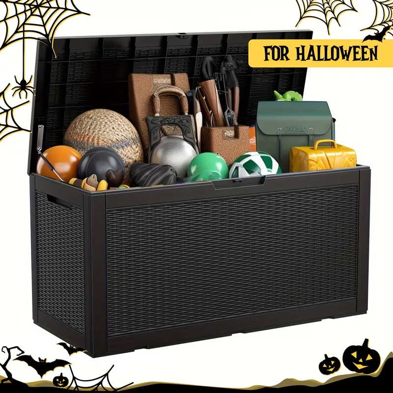 Large Gray Rattan-Look Outdoor Storage Box with 110-Gallon Pictured Capacity, Handles and Hinged Lid — image 1