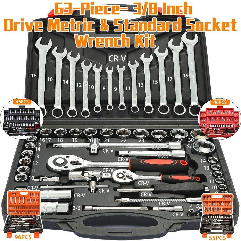 Professional Automotive Tool Set 55 / 63 / 96-Piece – Ratchet Socket Wrench Kit for Car & Bicycle Maintenance | High-End Mech