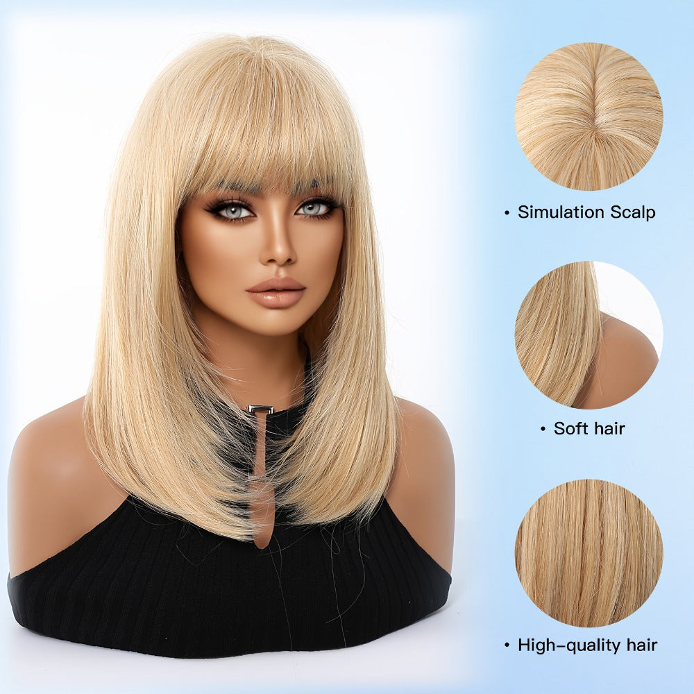 Synthetic Wig 14-Inch Golden Layered Straight Style with Full Bangs and Glueless Rose Net Cap — image 2
