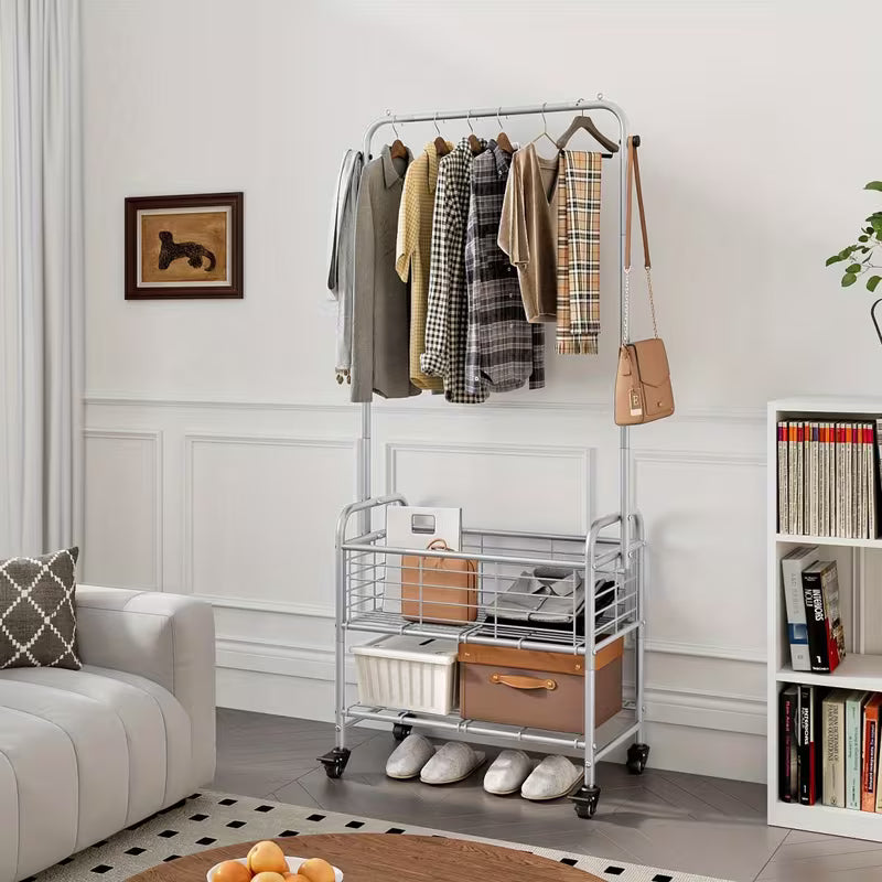 Rolling Laundry Sorter Cart with Hanging Rack and Shelf