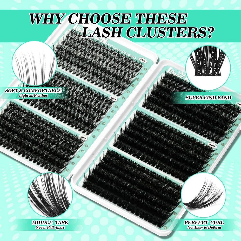 Lash Clusters Kit 708Pcs with Tweezers, Glue & Brush – Soft Silky Fiber False Eyelashes Full Voluminous DIY Lash Extension Se