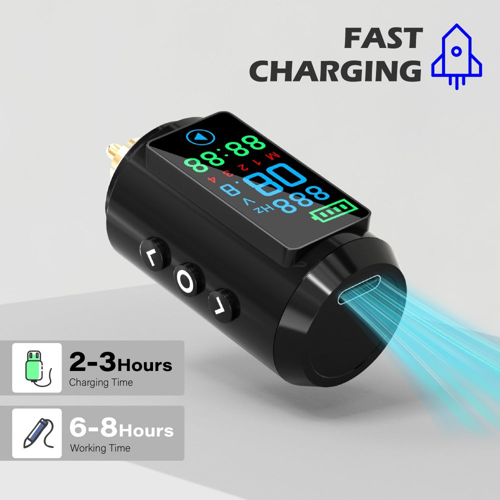 P7 1600mAh Cordless Tattoo Power Supply with Color Screen, Four Memory Modes and RCA Connector — image 7