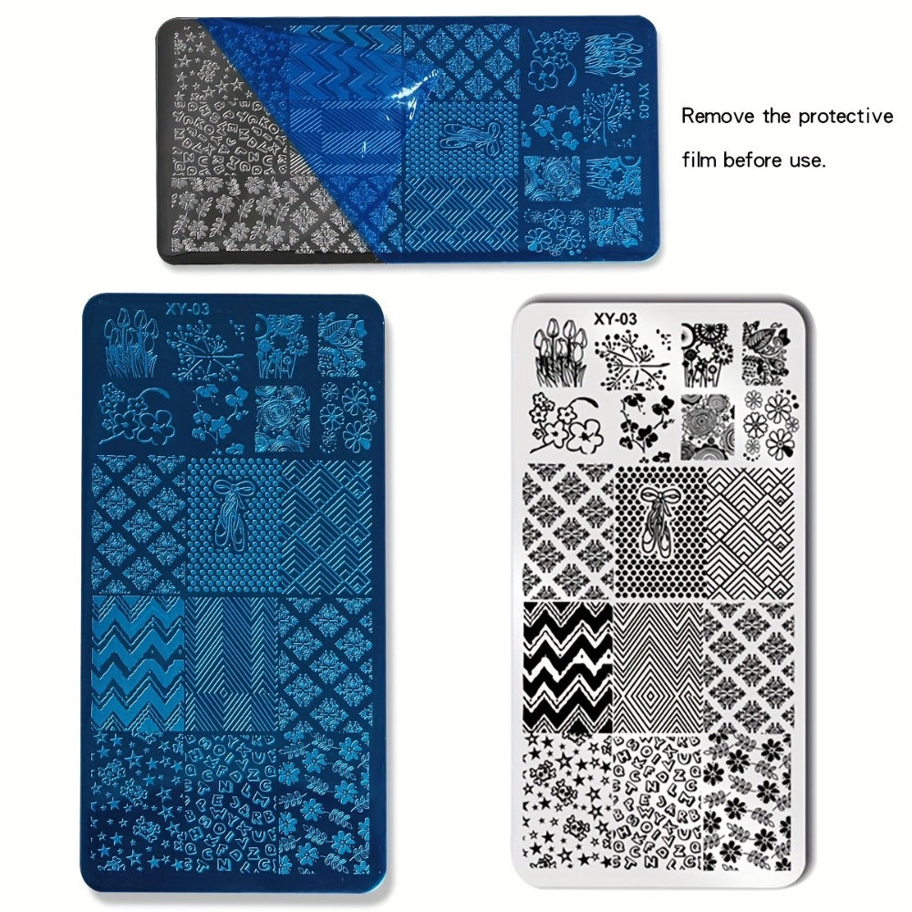 Nail Stamping Plate Set 9Pcs with 7 Mixed Design Stainless Steel Plates – Complete Nail Art Stamp Kit with Stamper & Scraper 