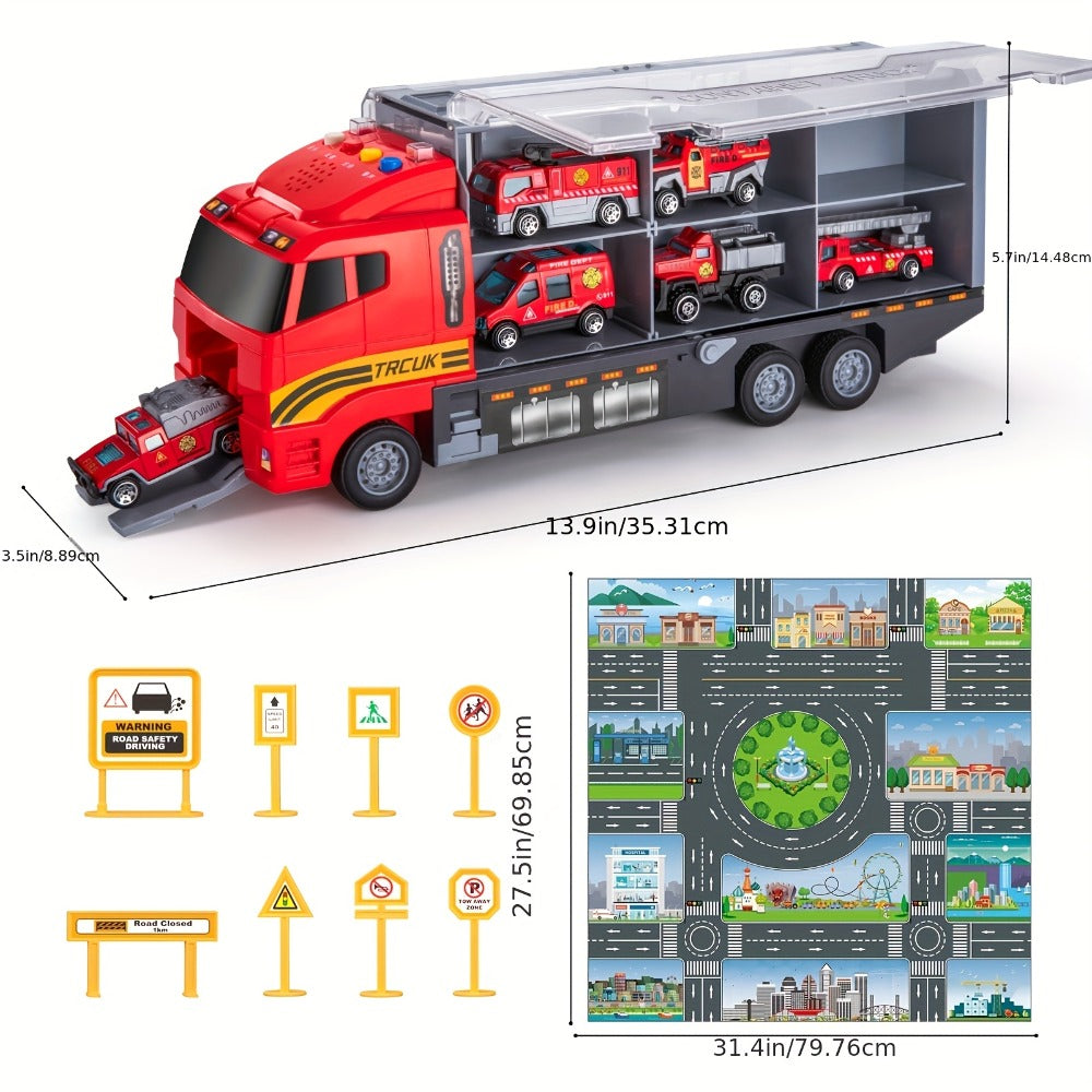Fire Truck Toy Set for Kids Ages 3-6, Die-Cast Metal Carrier Truck with Play Mat, Emergency Vehicle Collection — image 3
