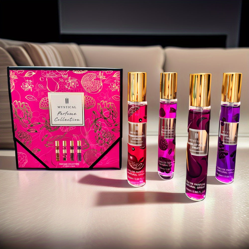 Mystical Women's Perfume Gift Set 4 Piece Travel Size 20ml - Fresh Fruity Unisex Scent - Mini for Bath Time, Home Spa and Per