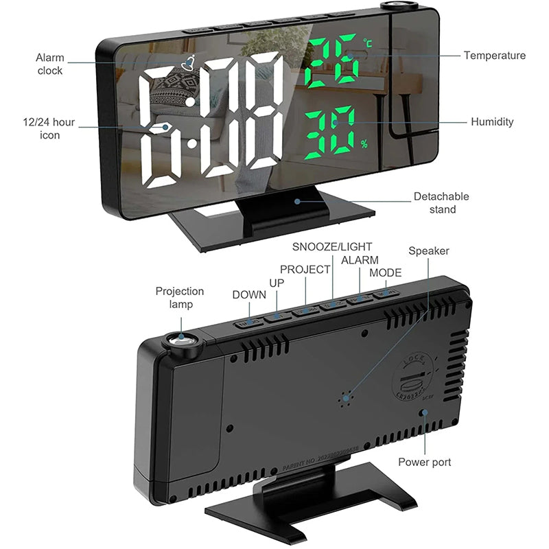 Home LED Projection Alarm Clock - Time, Temp Display, Backlight, Snooze