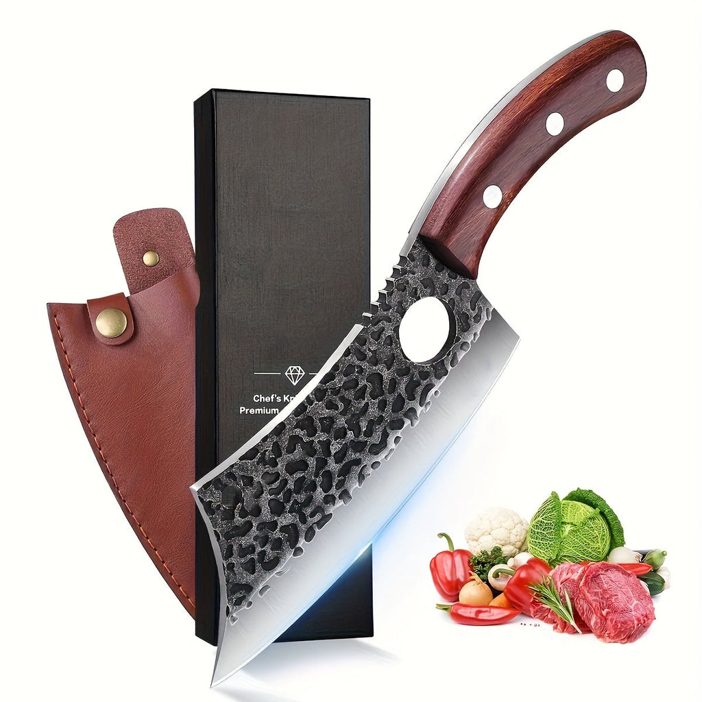 Chef Knife Hand Forged, High-Carbon Steel Viking Cleaver Full Tang Oak Handle with Sheath for Home Cooking, Dining and Outdoo