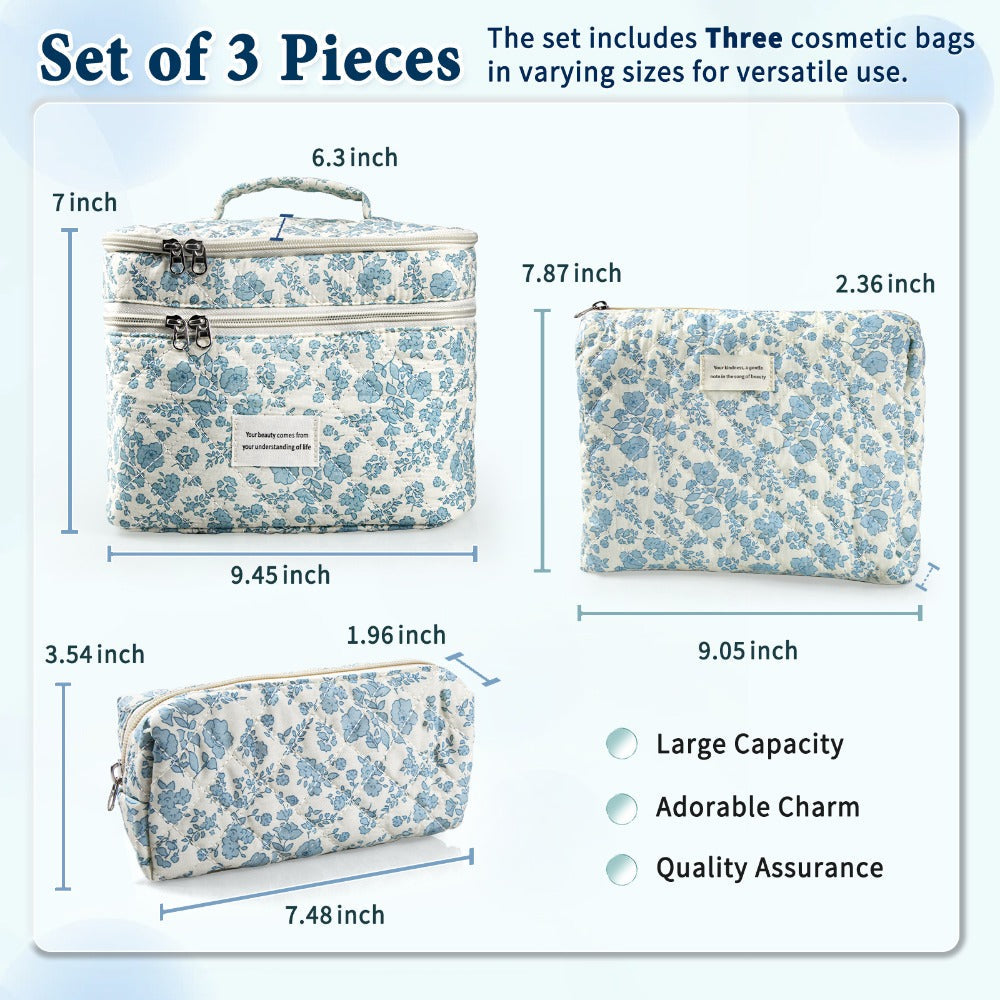 Quilted Floral Makeup Bag Set 3PCS Large Capacity Dual Layer Cotton Cosmetic Bags Coquette Aesthetic Travel Toiletry Organize