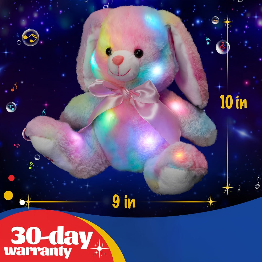 Musical Glowing Bunny Plush Toy 10 Inch, Rainbow Lop Ear Rabbit Stuffed Animal with LED Night Light & Lullaby Music for Toddl