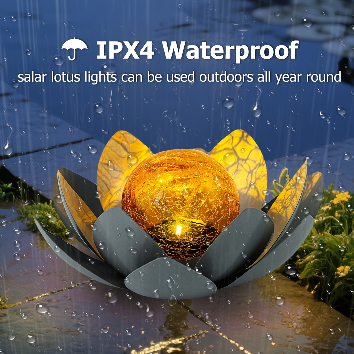 Solar Garden Light Lotus Flower with Cracked Glass Globe, IPX4 Rating and Three Color Options — image 7