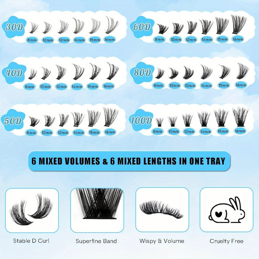 Complete 720-Piece Handmade Cluster Lash Kit with Glue & Tweezers, 30D to 100D, 6 Styles & Lengths — image 8
