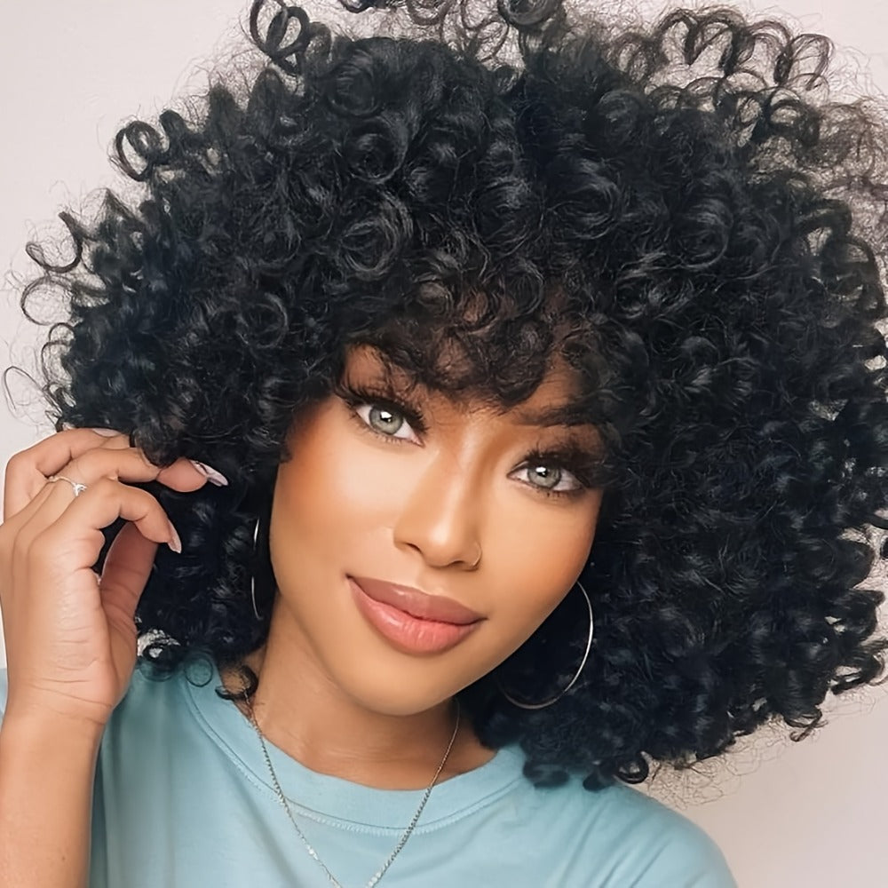 Synthetic Wig 14-Inch Kinky Curly Afro with Bangs, 180% Density and Stretch Net Cap for Daily Style — image 6