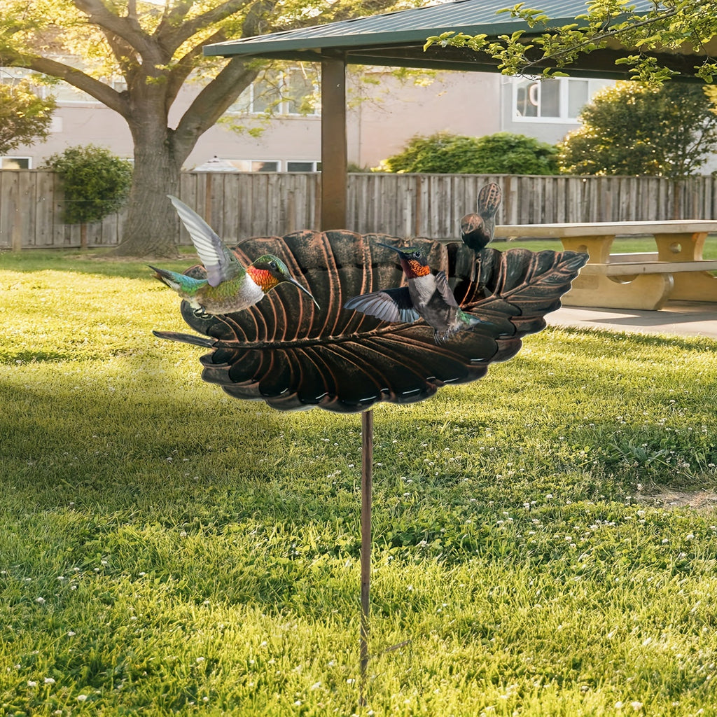 20-Inch Copper-Look Leaf Bird Bath with Bird Accent and Two-Prong Garden Stake for Yard and Lawn — image 8