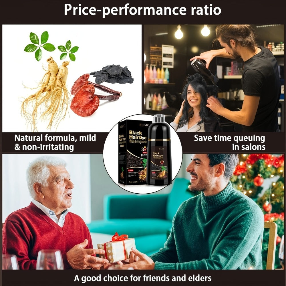 Grey Hair Dye Shampoo 3-in-1 Natural Plant-Based Herbal Formula – Non-Stick Scalp, Covers White Hair in Minutes, 500ml – Blac