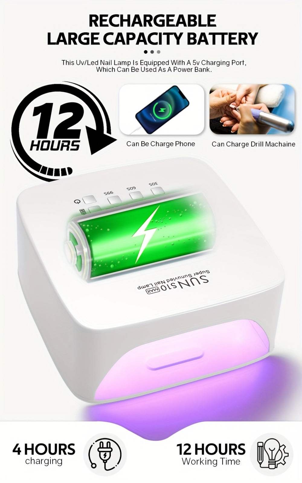 Rechargeable Wireless Nail Lamp 30 LED Beads 365+405nm UV Gel Curing Light 3 Timer Settings Infrared Sensor Portable Nail Dry