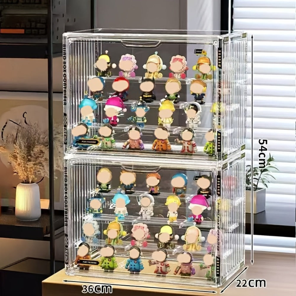 Acrylic Display Case for Figures 3 & 4 Tiers with Adjustable Dividers – Clear Dust-Proof Showcase Box with Magnetic Door for 