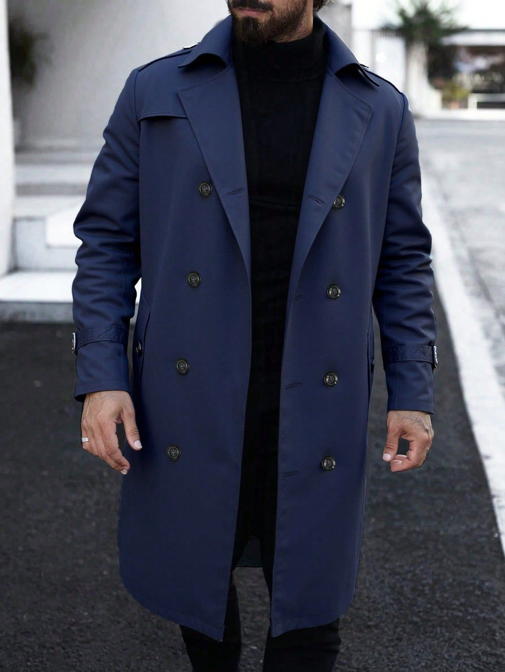 Mens Mid-length Double-breasted Casual Trench Coat