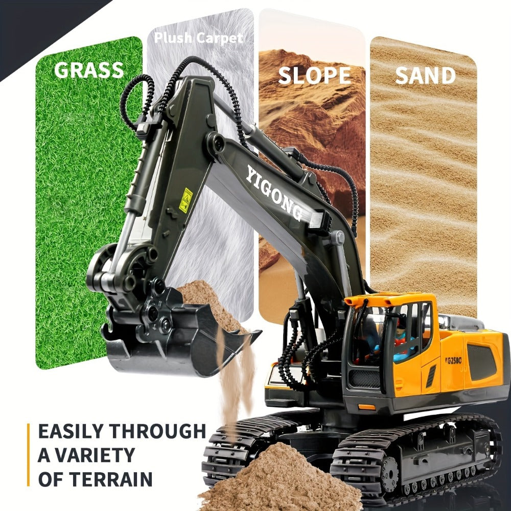 RC Excavator Toy 1:24 Scale 2.4GHz 9-Channel Remote Control with Alloy Metal Cap Lights & Sound Rechargeable Battery — image 